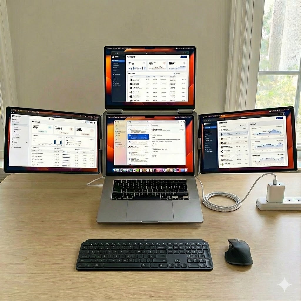 The Ultimate M4 Traveler Bundle – MacBook Air 15", 4-Skjermsoppsett & Logitech MX mus/tastatur